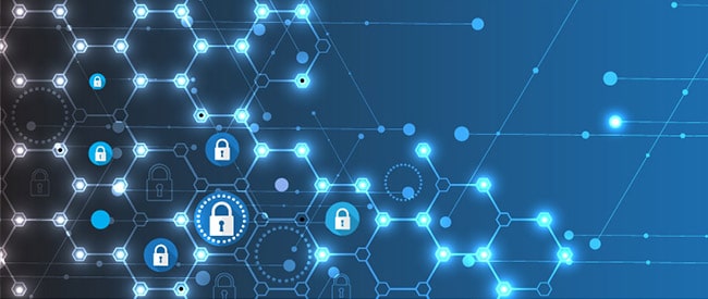 Technology security concept with connected hexagons and padlocks drawn in blue, dark blue, and grey